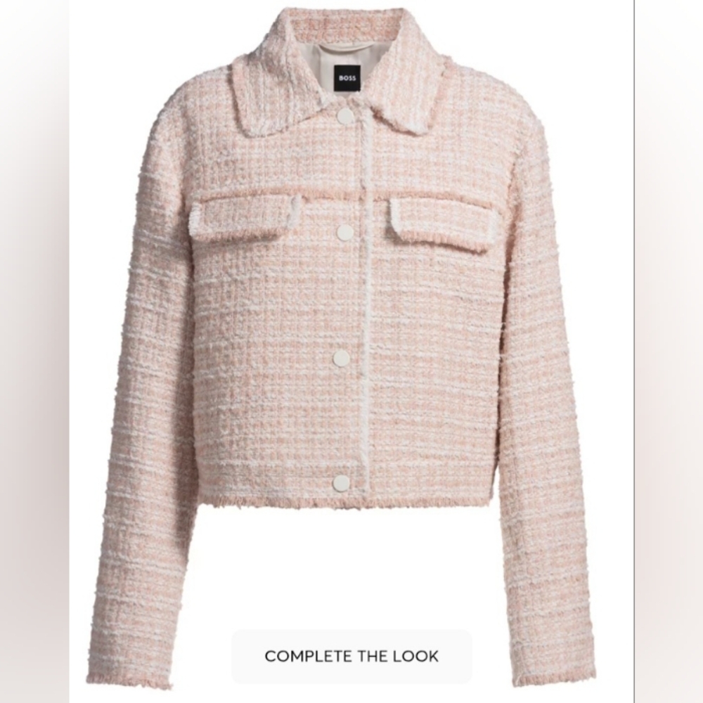 HUGO BOSS WOMENS PINK WHITE TWEED STYLE BLAZER JACKET SIZE US 12 NEW WITH TAGS